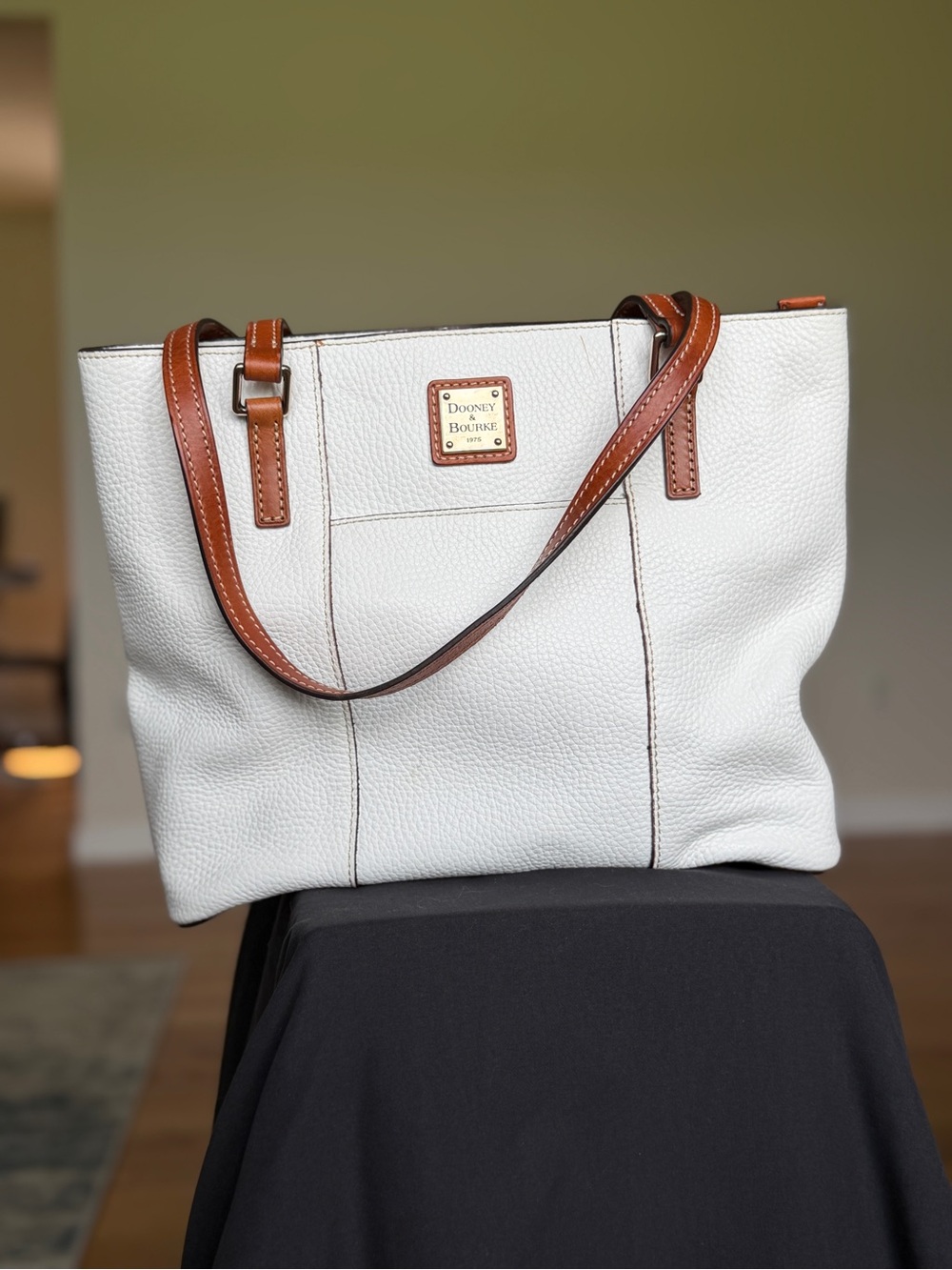Dooney & Bourke White Pebble Leather Tote with Brown Trim